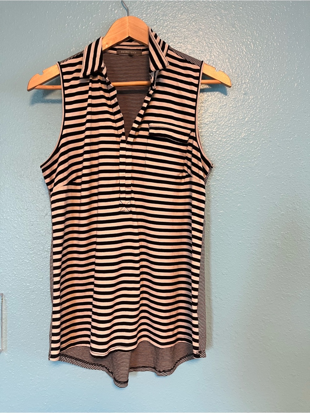 Retro-ology Striped Sleeveless Polo Tank Top - Black & beige size large